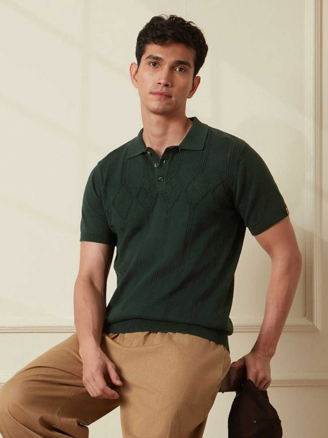 

WROGN Men Self Design Polo Collar Pure Cotton Slim Fit T-shirt, Olive