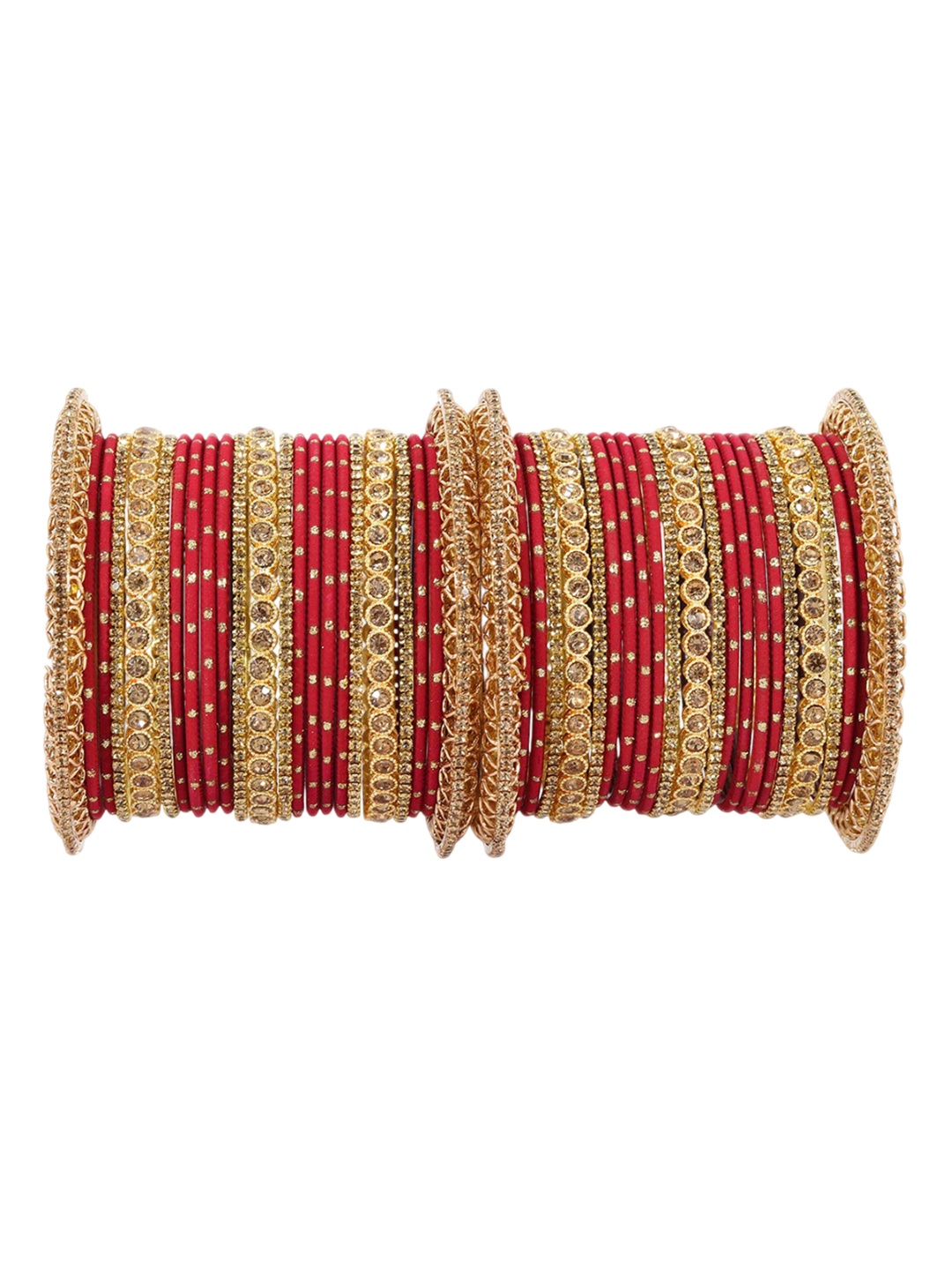 

ZULKA Set of 46 Zircon Gemstone Studded Zari Dotted Metal Bangles, Red