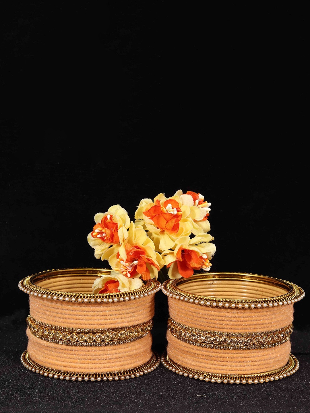 

ZULKA Set of 28 Zircon Gemstone Studded Metal Bangles, Peach