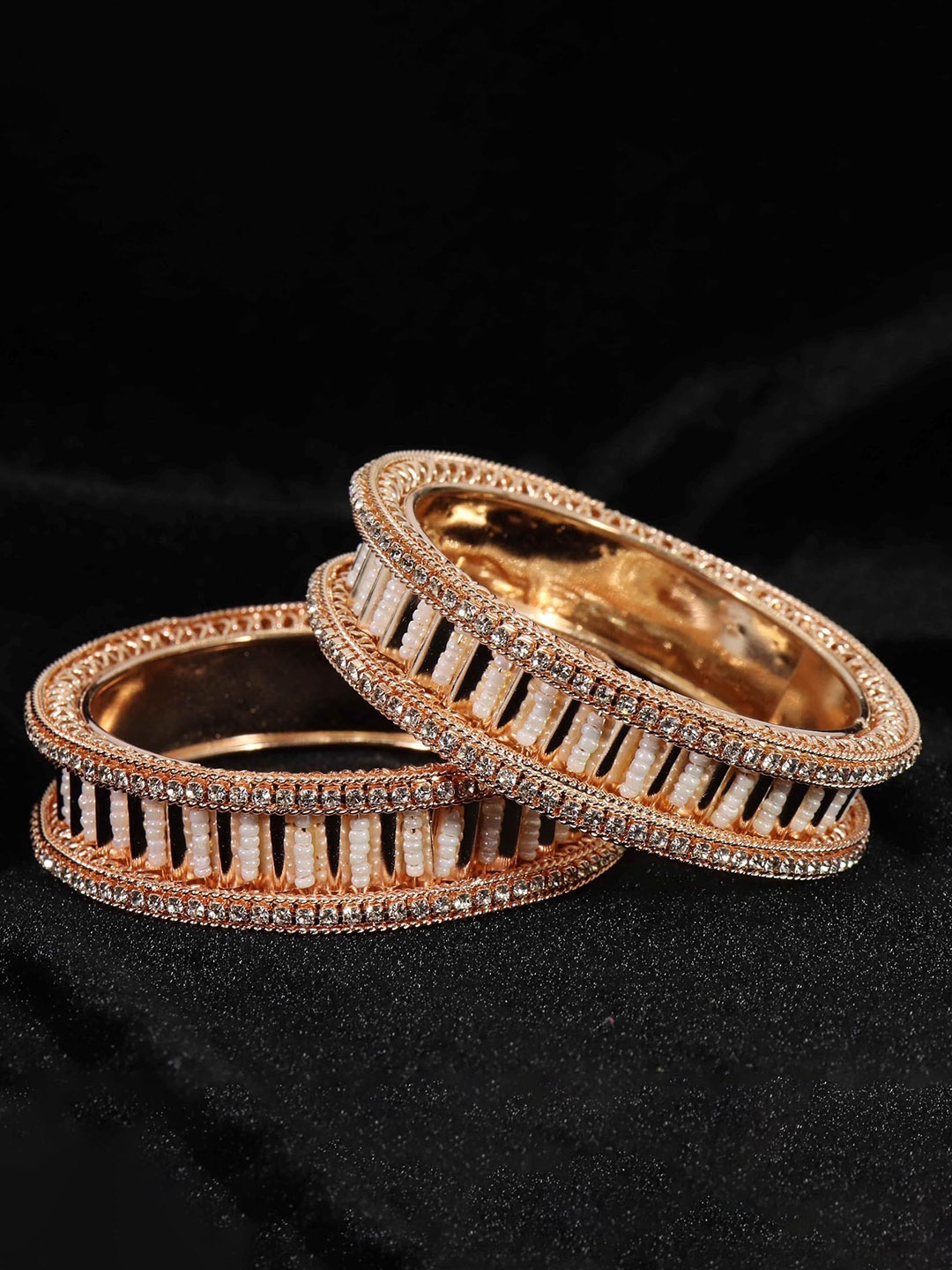 

ZULKA Set of 2 Rose Gold Plated Traditional American Diamond Stone Metal Kada Bangles