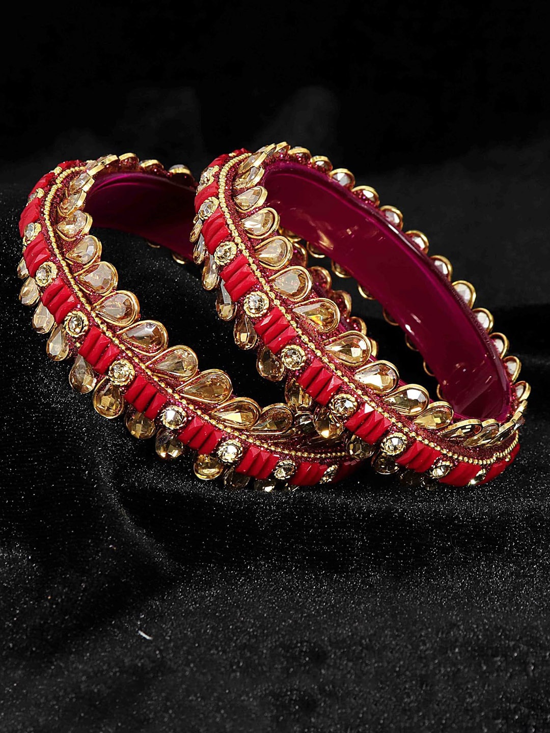 

ZULKA Set of 2 Glass Kundan & Zircon Stone Stylish Kada Bangles, Magenta