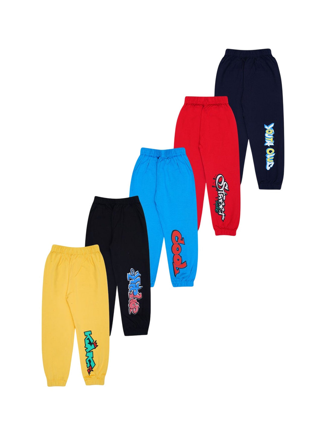 

FAZZA Boys Pack Of 5 Graphic Printed Cotton Mid-Rise Joggers, Yellow