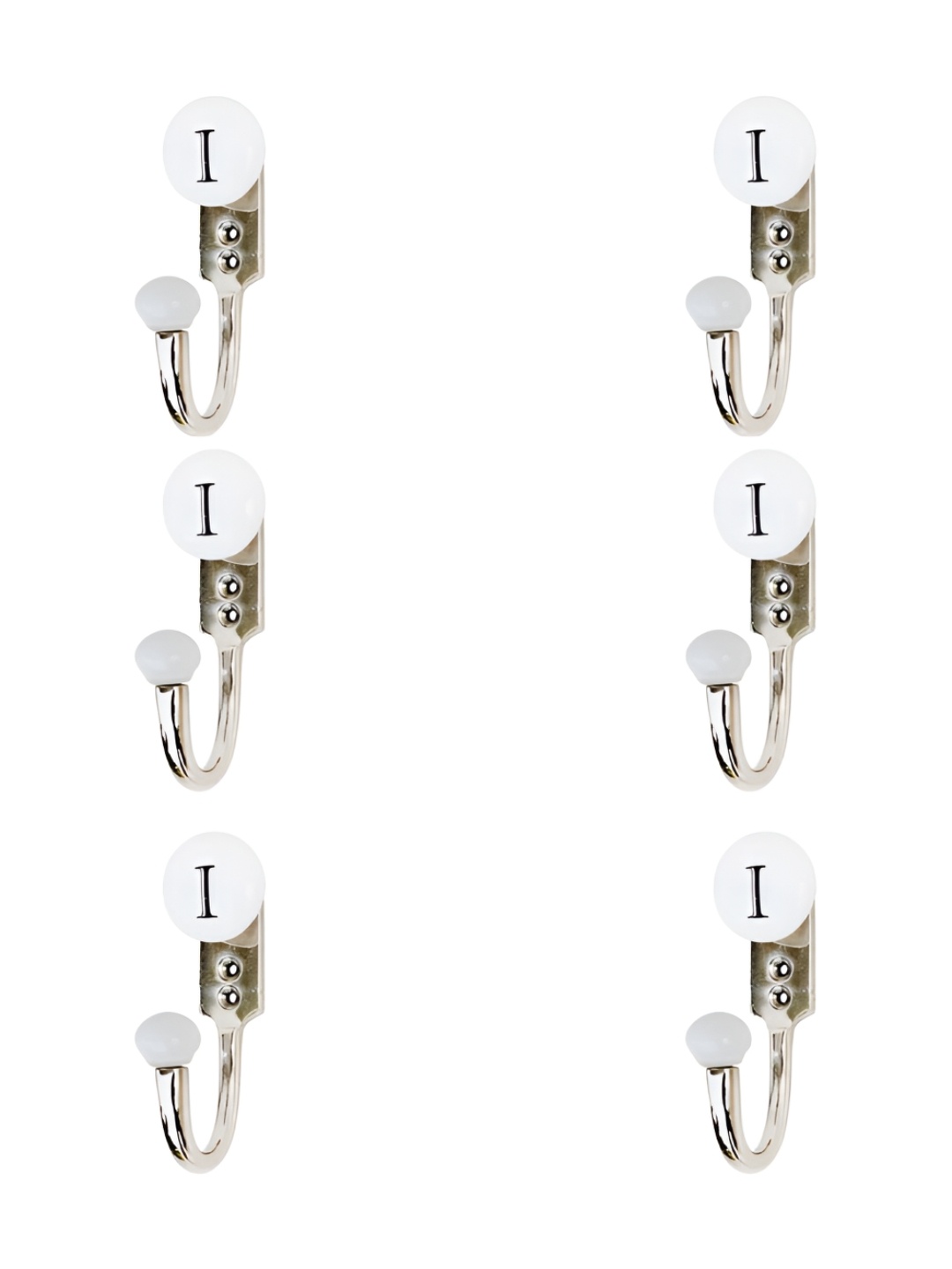 

IndianShelf White & Black 6 Pieces I Letter Ceramic & Zinc Wall Hooks