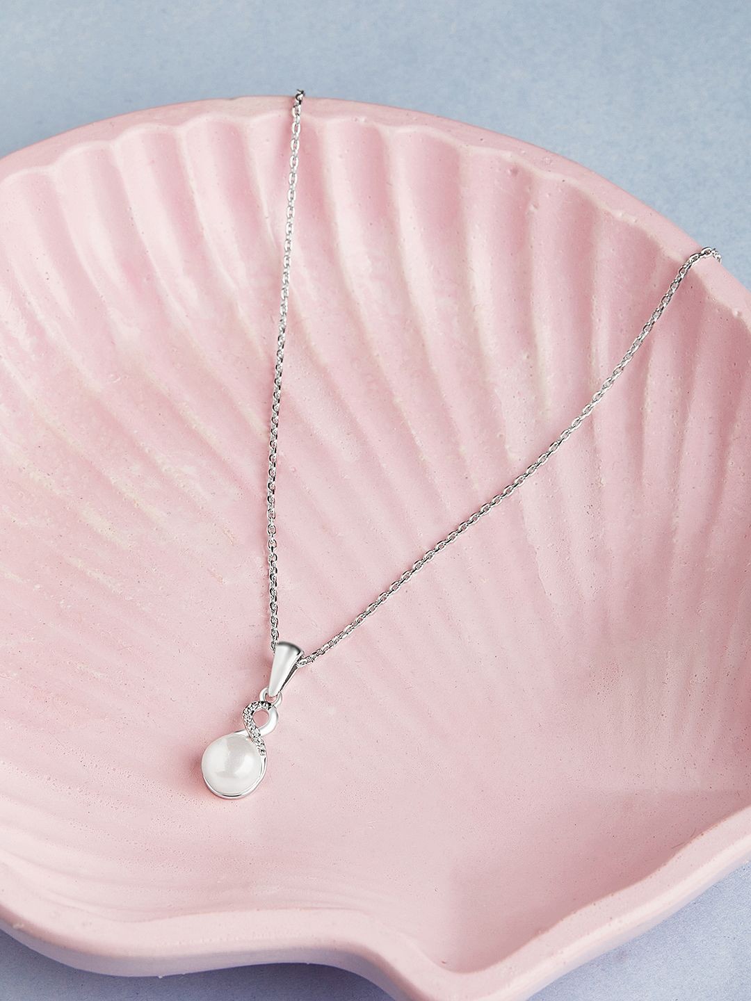 

Mia by Tanishq Shimmering Pearl 925 Sterling Silver-Plated Cubic Zirconia Pendant & Chain