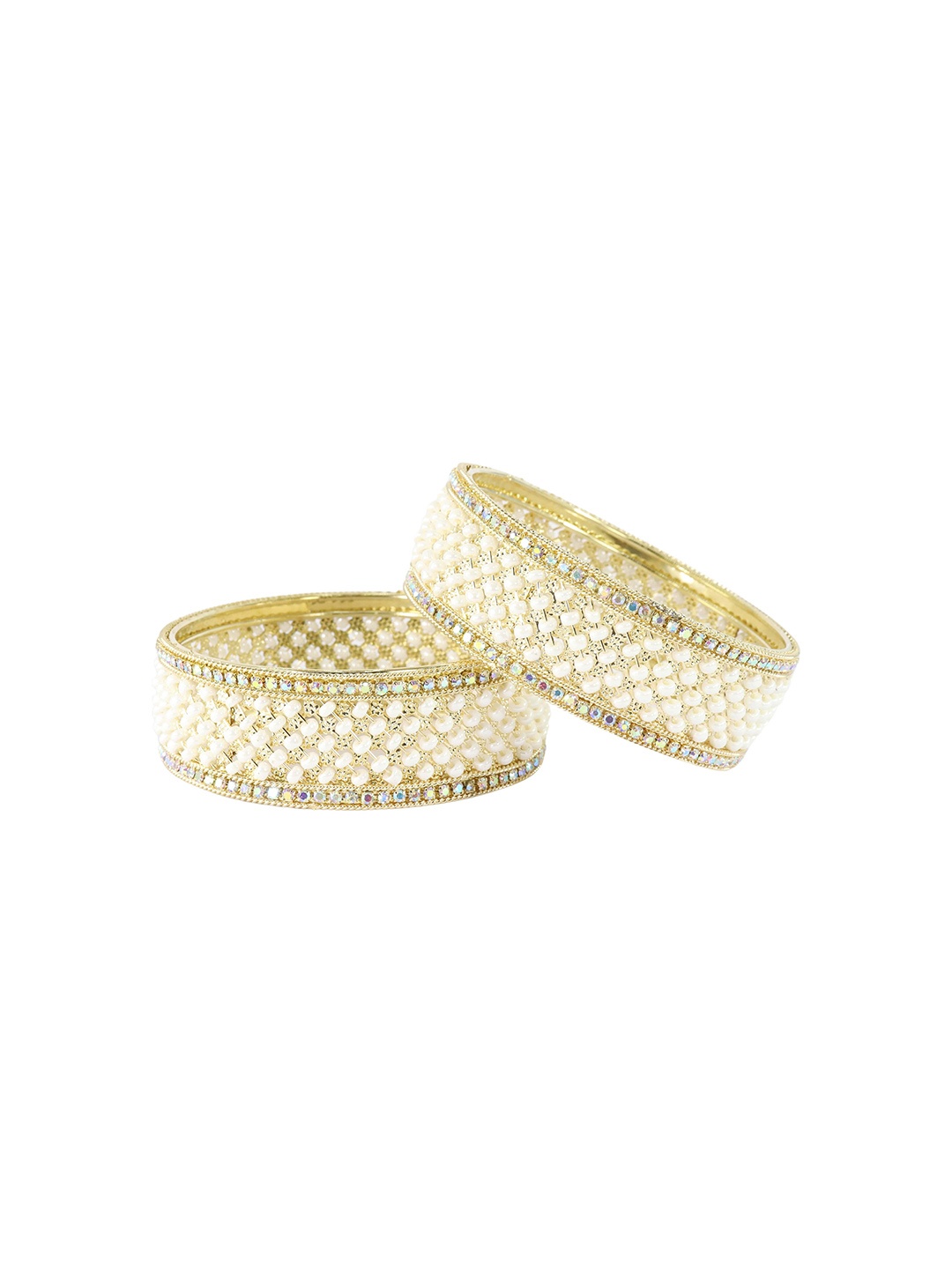 

ZULKASet of 2 Premium Metal Beaded & Artificial Stones Studded Kada Bangles, White