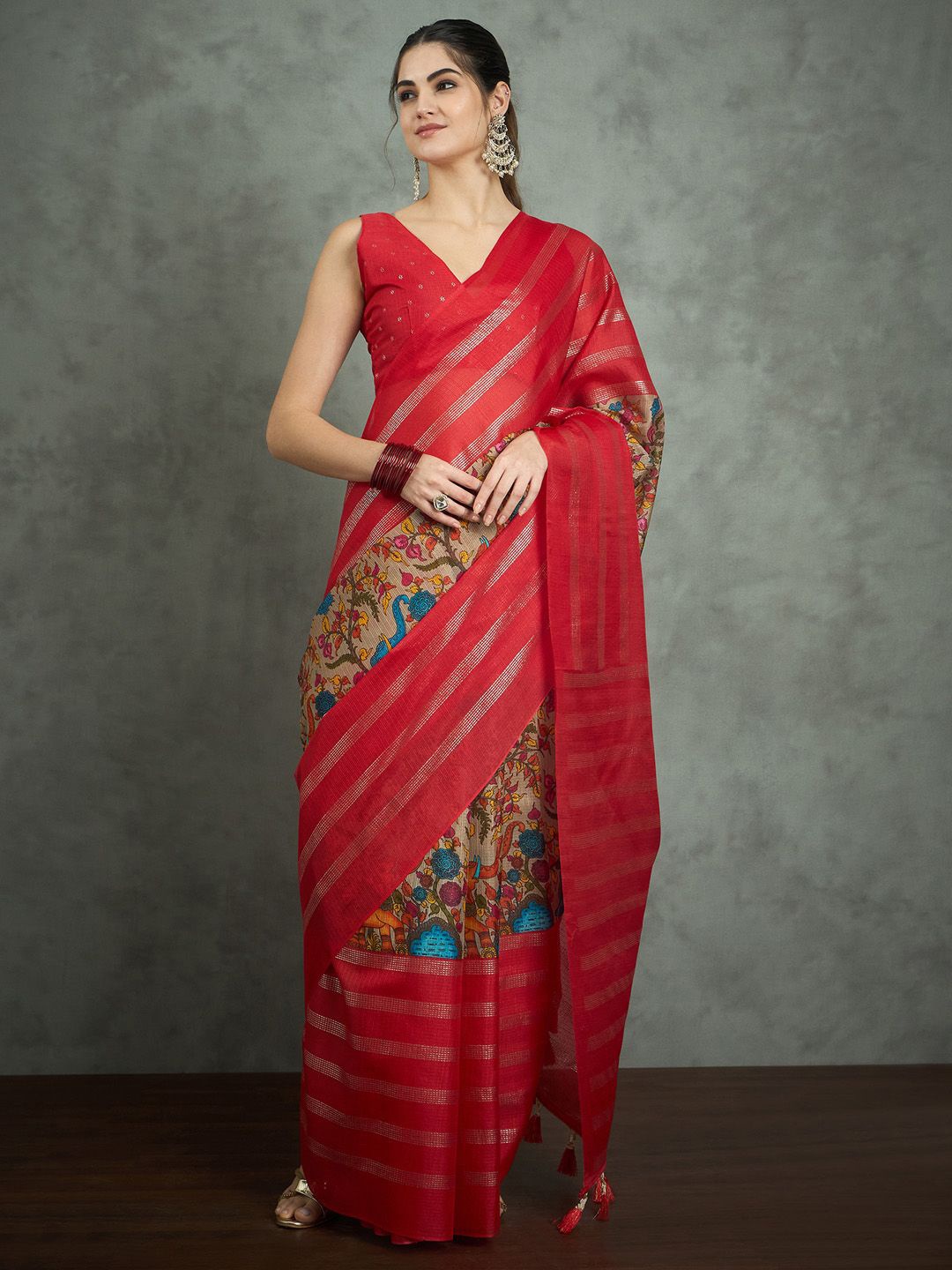 

Mitera Kalamkari Block Print Saree, Red