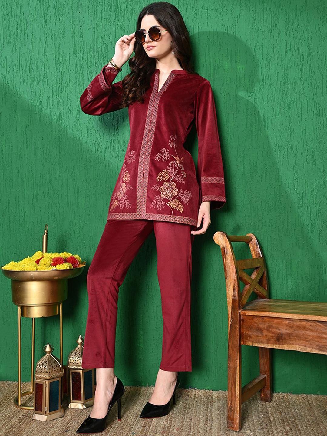 

Sangria Self Design Mandarin Collar Velvet Top With Trouser, Maroon
