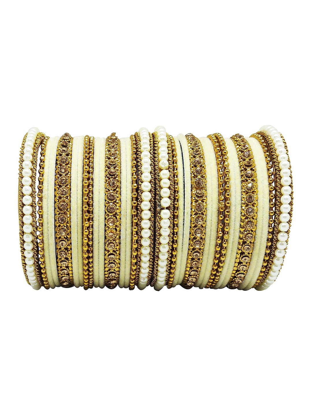 

CHRISHAN Set Of 32 Stone-Studded and Beaded Fabric Bangles, Gold