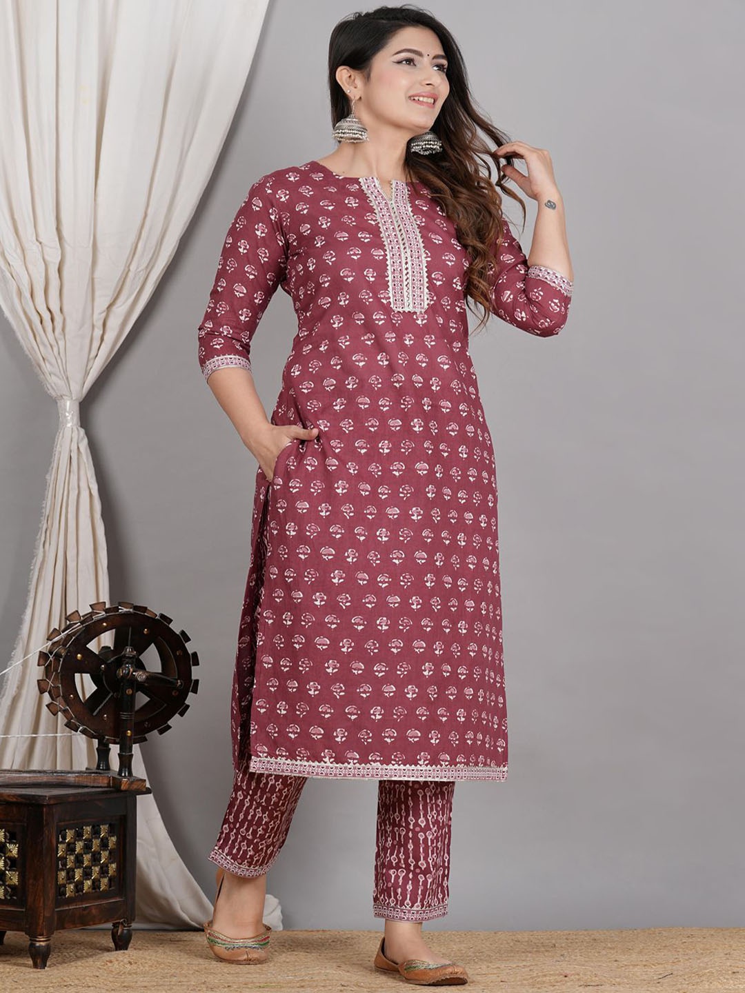 

SIGNORIA Floral Printed Round Neck Regular Pure Cotton Straight Kurta With Trouser, Maroon