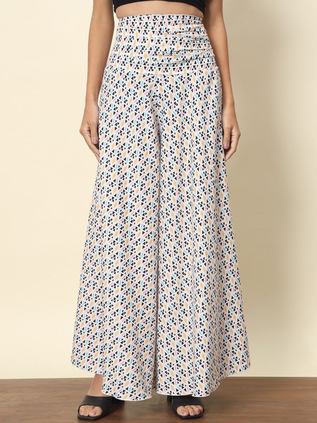 

BAESD Women Geometric Printed Flared High-Rise Wide Leg Trousers, White