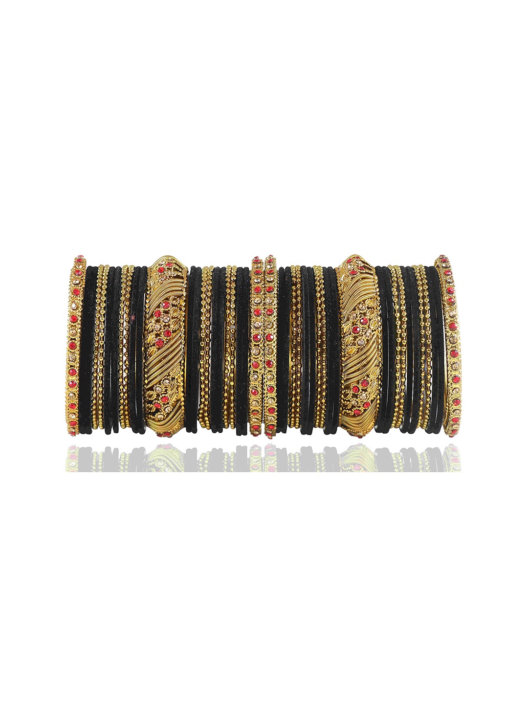 

ZULKA Set of 46 Zircon Gemstone Studded & Beaded Ball Chain Bangles, Black