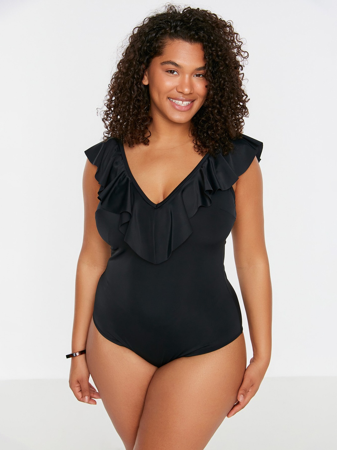 

Trendyol Plus Size V-Neck Swim Bodysuit, Black