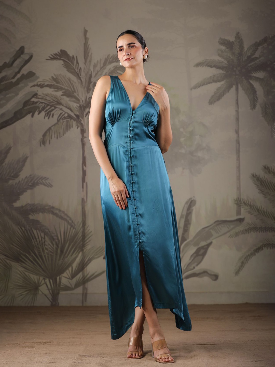 

Geroo Luxe Women V-Neck Maxi Dress with Hand Painted Scarf, Teal