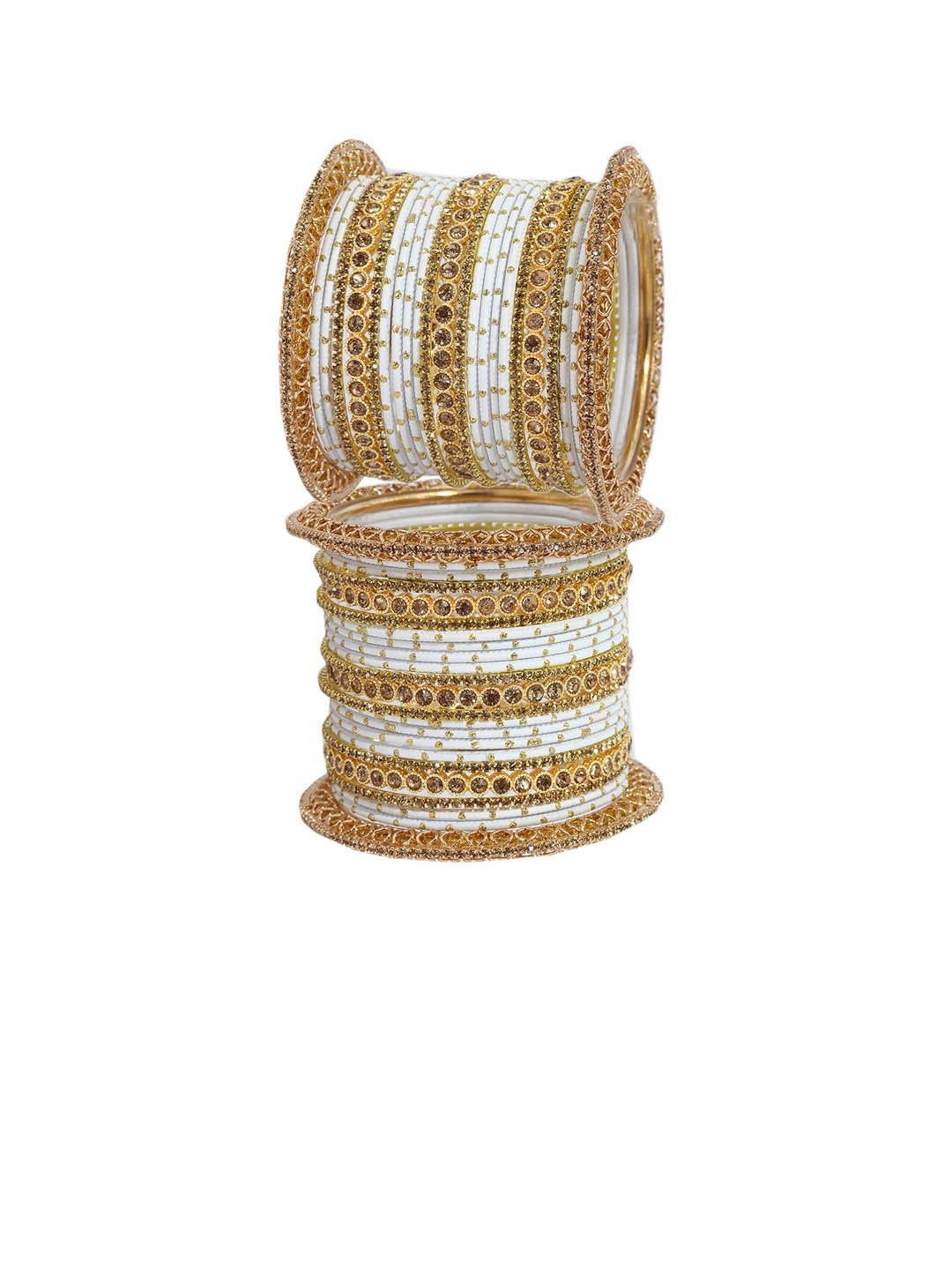 

ZULKA Set of 40 Metal With Zircon Gemstone and Bells Linked Velvet Bangles For Women, White