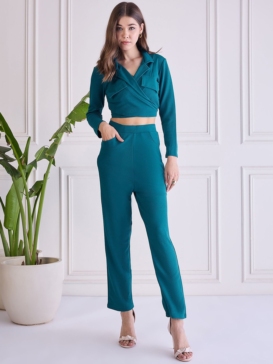 

WESTHOOD Shirt Collar Neck Casual Crop Top With Trousers Co-Ords, Teal