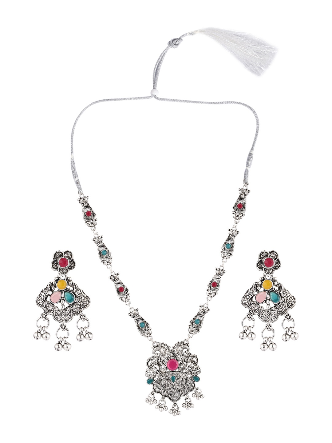 

SUNHARI Stone Studded Peacock Design Jewellery Set, Silver