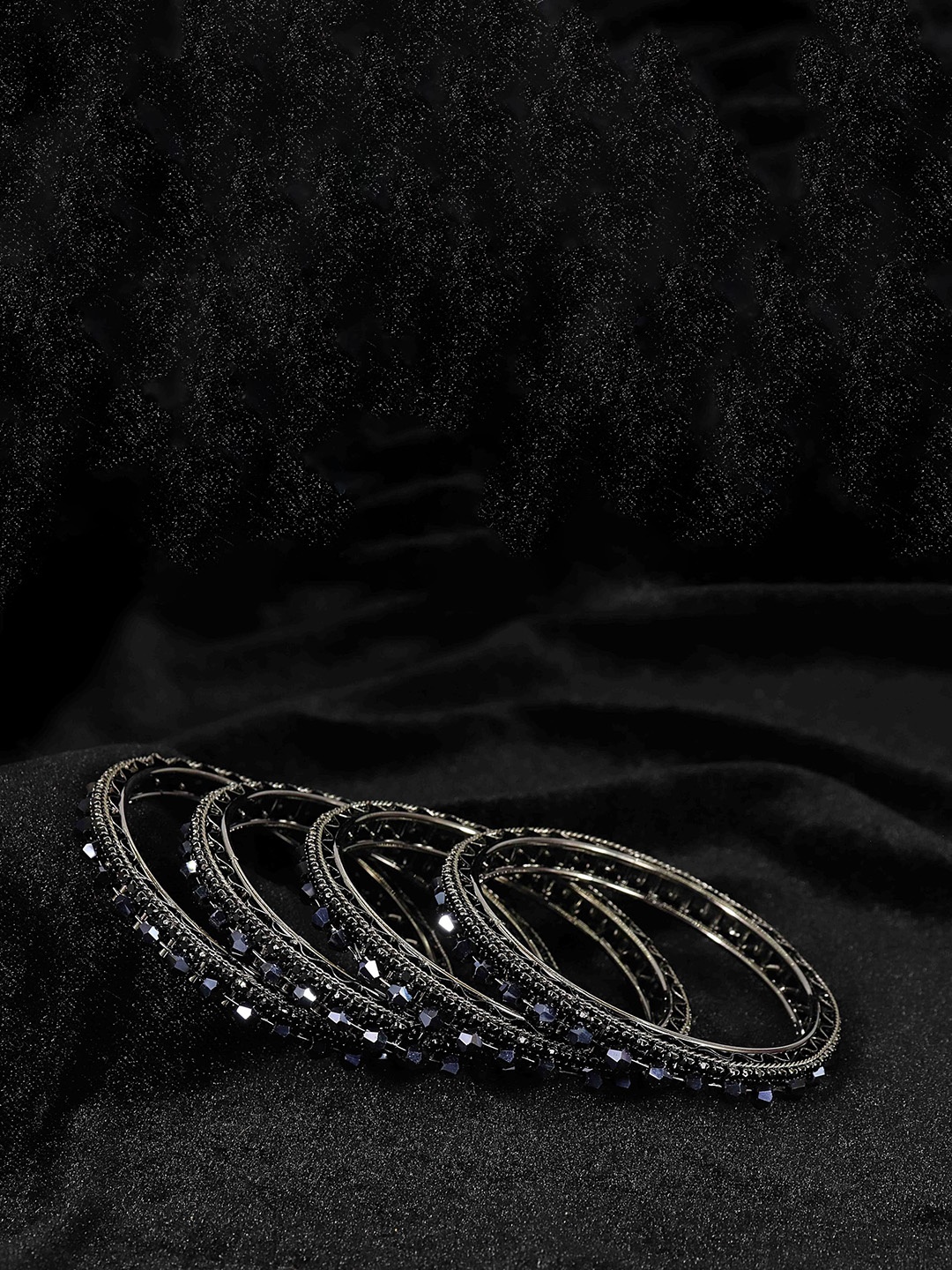 

ZULKA Set of 4 Stylish Metal Zircon Gemstone & Beads Bangles Kada, Black