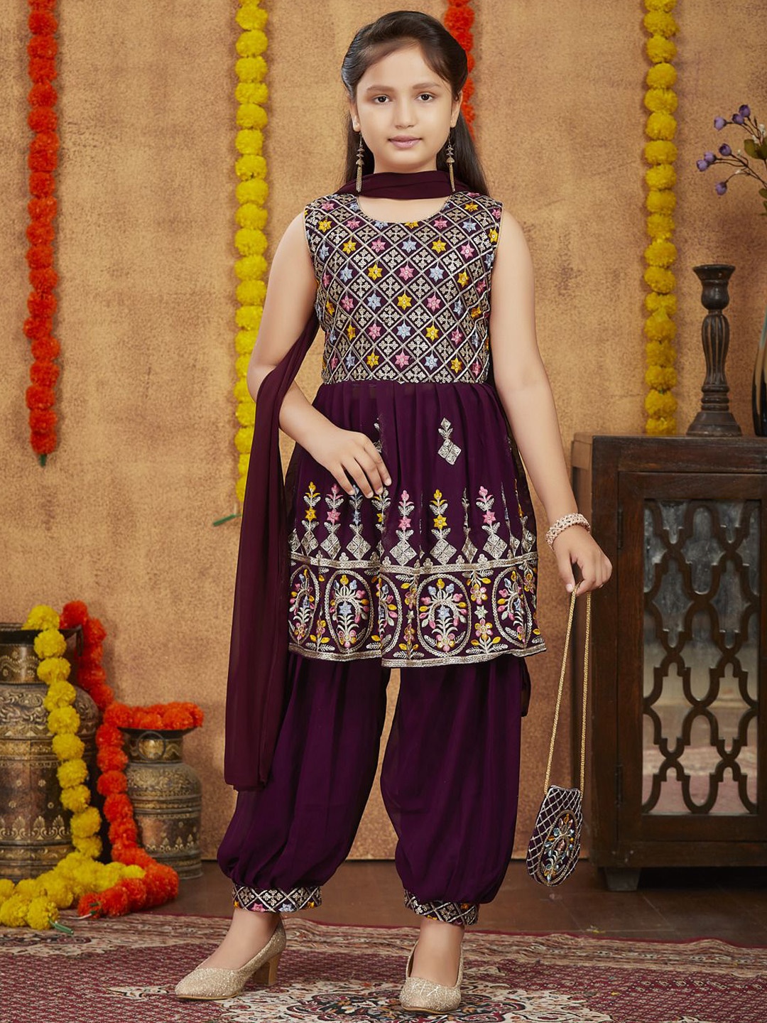 

Sangria Girls Sequin Embroidered Kurti Jacket & Patiala With Dupatta, Purple