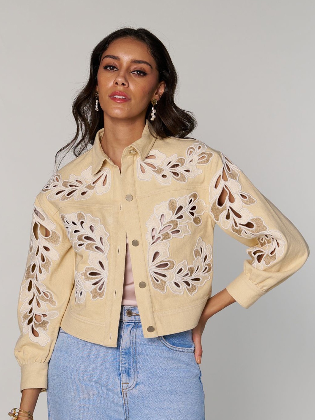 

Style Island Women Spread Collar Self Design Cotton Casual Denim Jacket, Beige