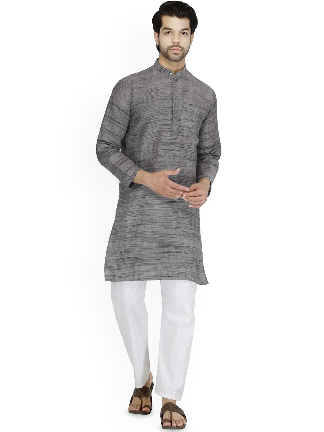 

Aaryavar Striped Mandarin Collar Khadi Pure Cotton Straight Kurta, Grey