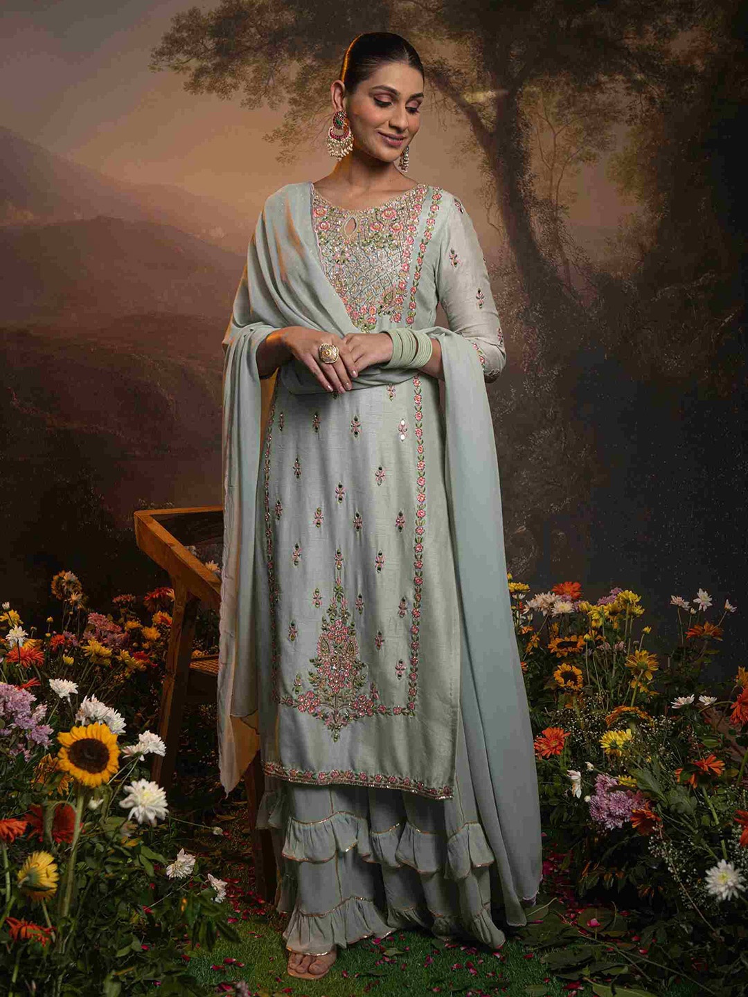 

The Front Row Floral Embroidered Pure Silk Kurta with Sharara & Dupatta, Green