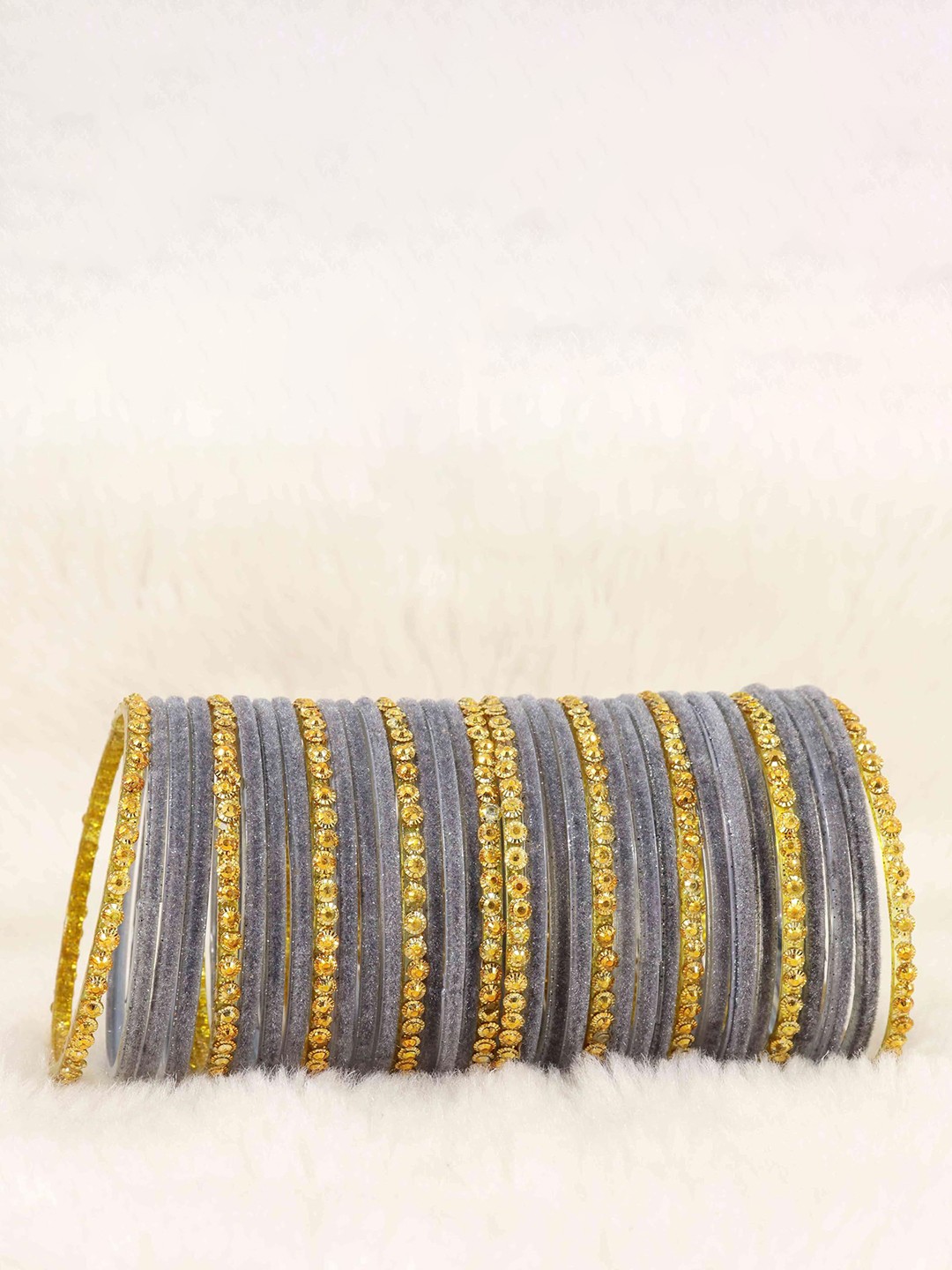 

ZULKA Set of 34 Stylish Glass & Golden Beads Velvet Bangle, Blue