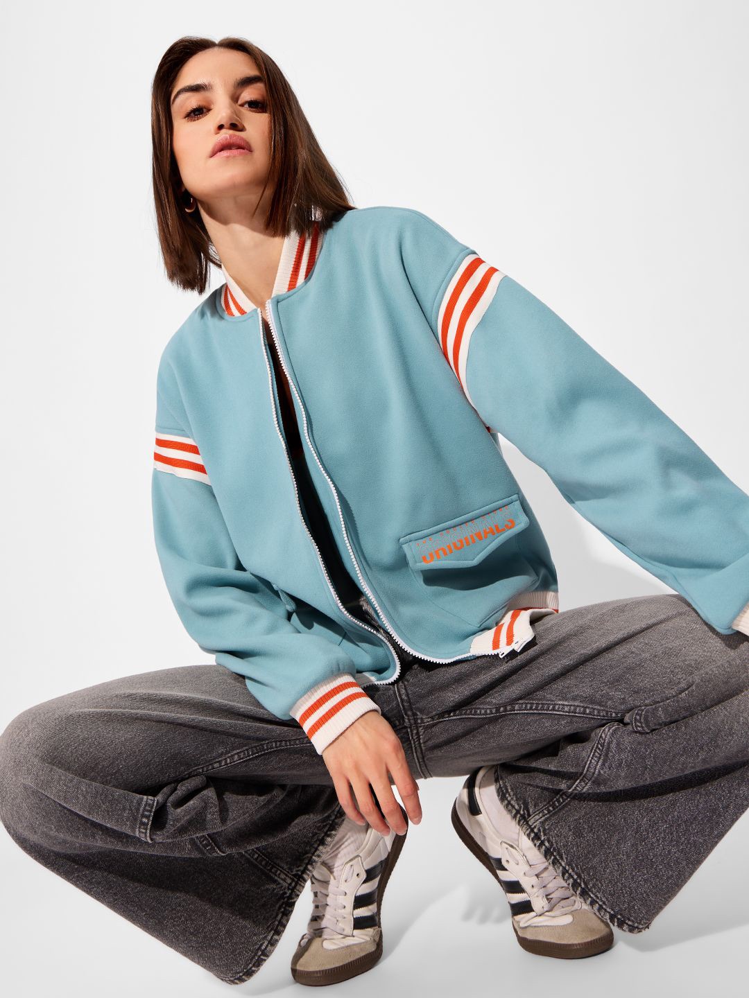 

The Souled Store Women Stand Collar Solid Casual Varsity Jacket, Blue