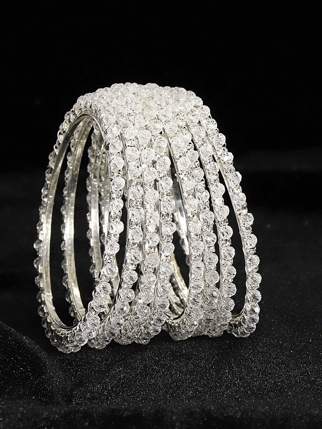 

ZULKA Set of 8 Metal Zircon Gemstone Studded Beaded Stylish Bangles, Silver