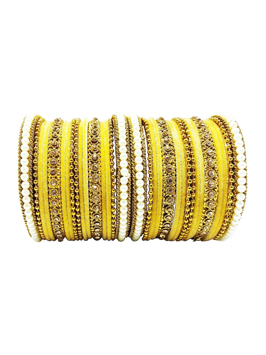 

CHRISHAN Set Of 32 Stone Studded & Pearls Beaded Fabric Bangles, Gold