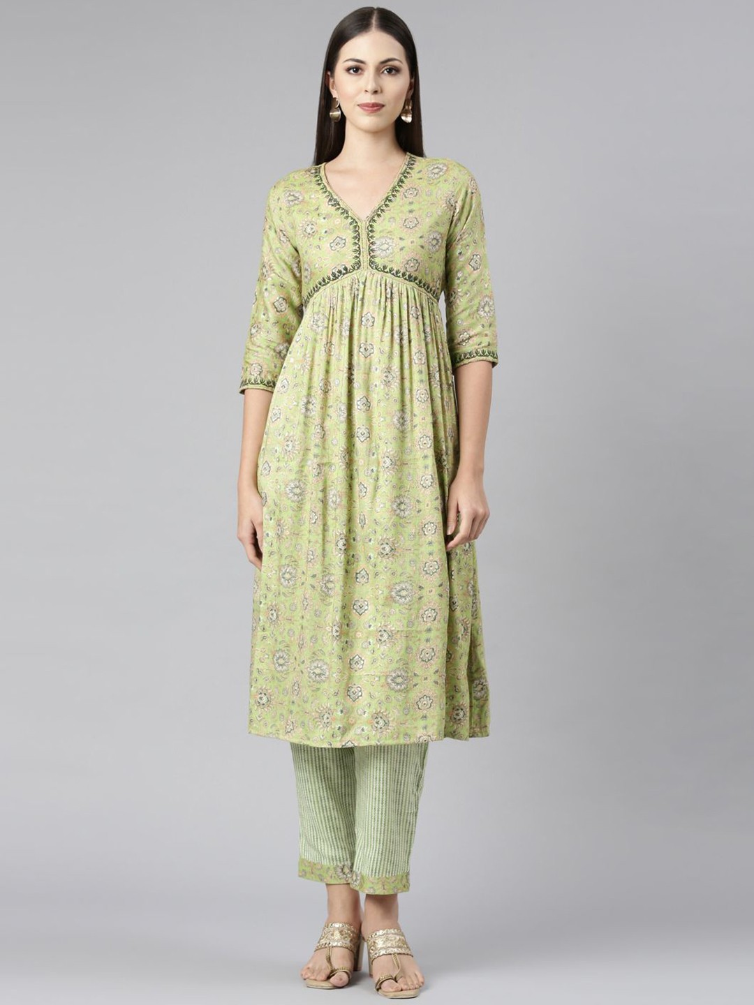 

Samhitas Ethnic Motifs Printed Thread Work Empire A-Line Kurta With Trousers, Green