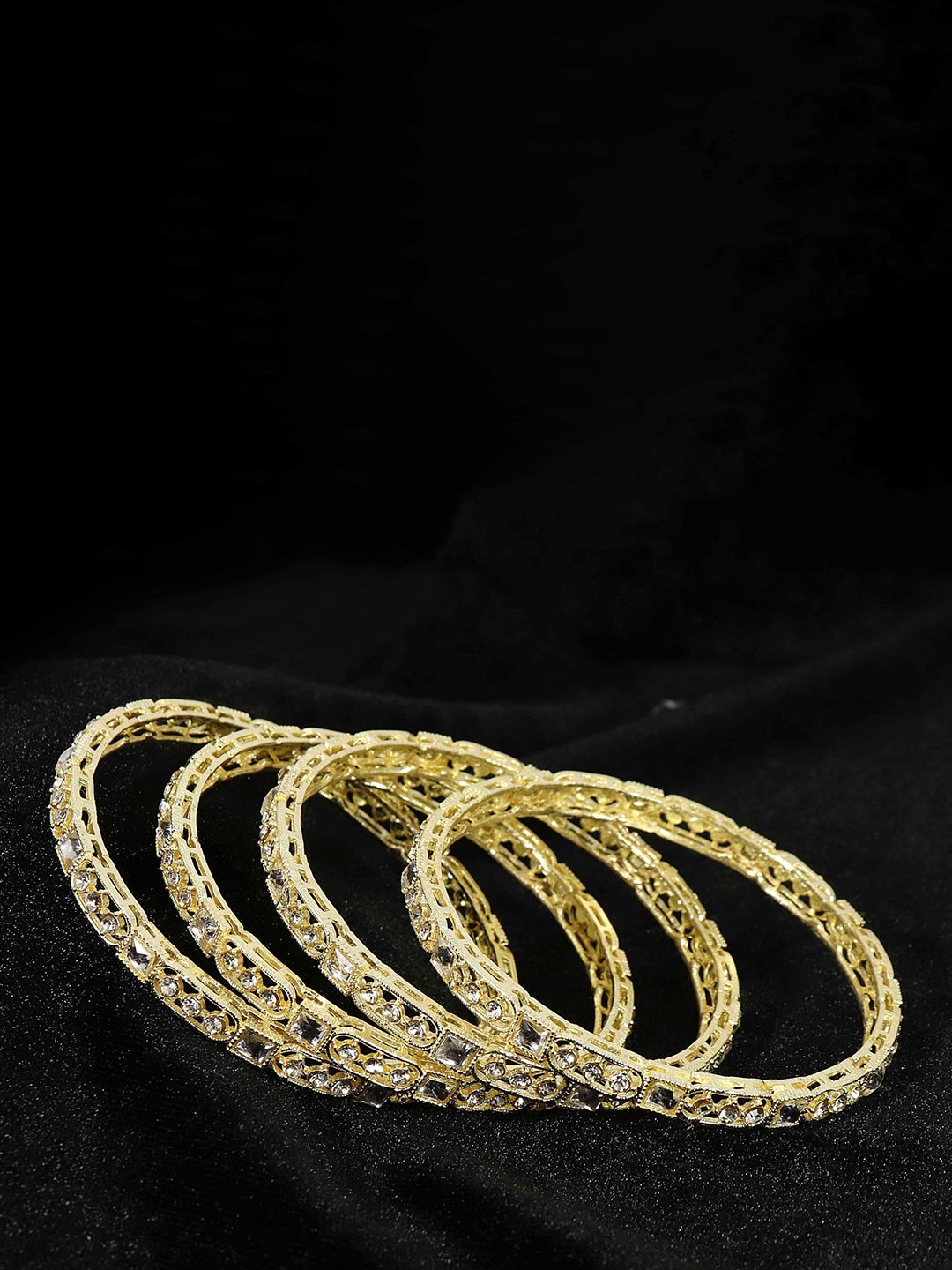 

Set of 4 Zircon Stone & Kundan Mirror Work Premium Metal Bangles, Gold