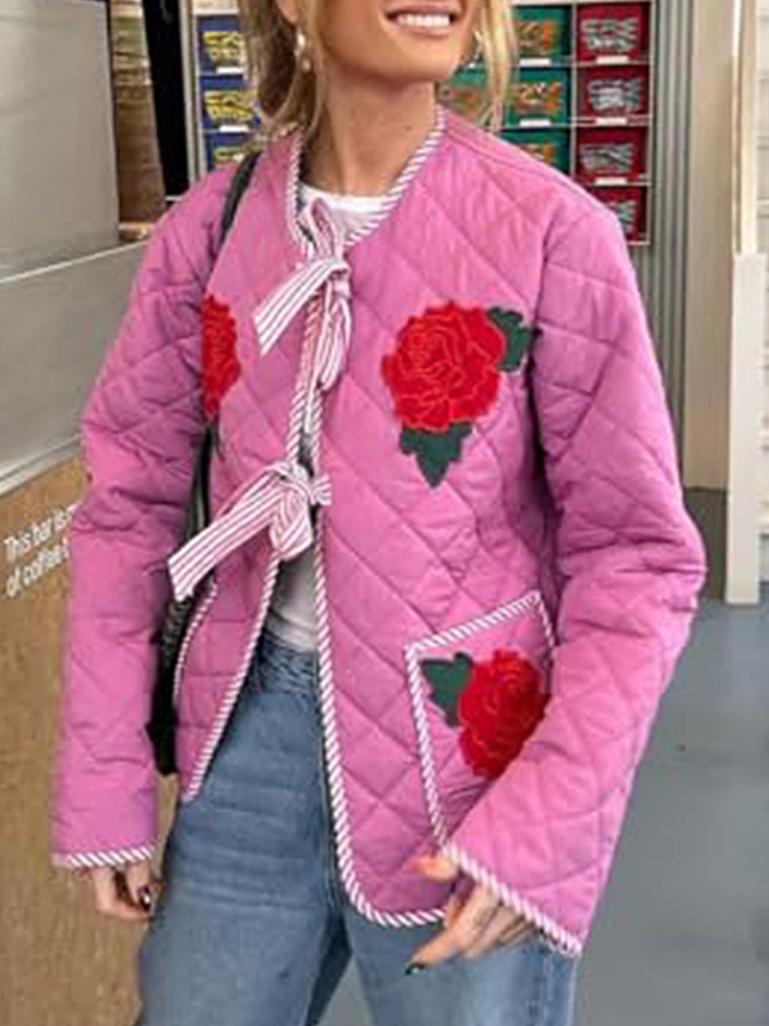 

LULU & SKY Women Collarless Floral Solid Casual Quilted Jacket, Pink