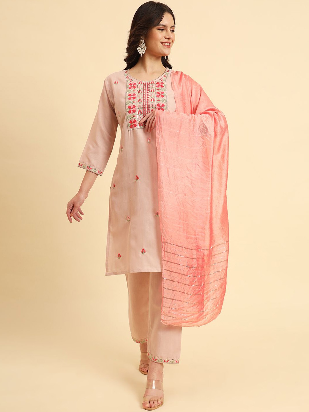 

HERE&NOW Floral Embroidered Regular Cotton Silk Straight Kurta with Trousers & Dupatta, Peach