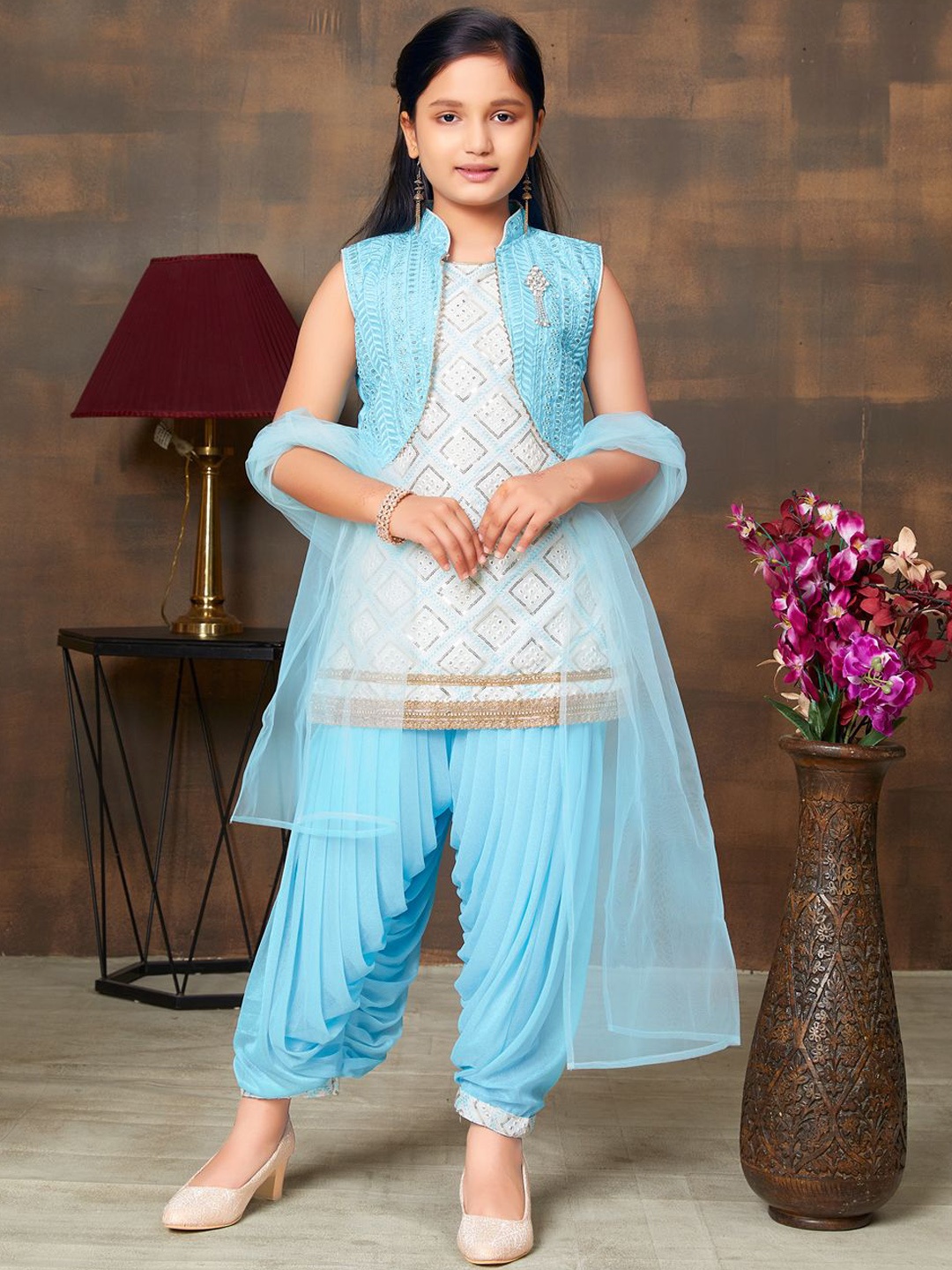 

Sangria Girls Sequin Embroidered Kurti Patiala & Dupatta With Jacket, Turquoise blue