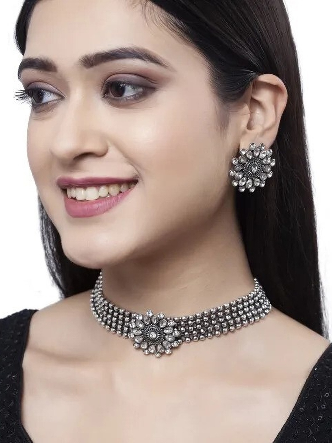 

SUNHARI Silver-Plated Stone-Studded Oxidised Jewellery Set