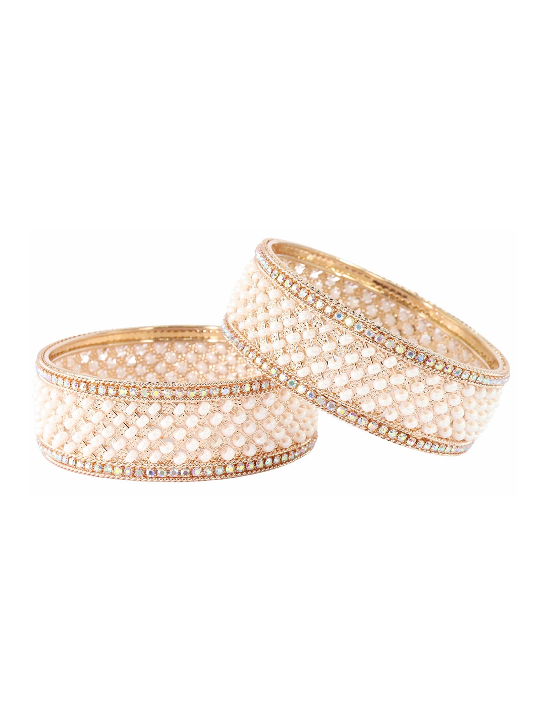 

ZULKASet of 2 Metal White Moti Pearls Bangles, Rose gold