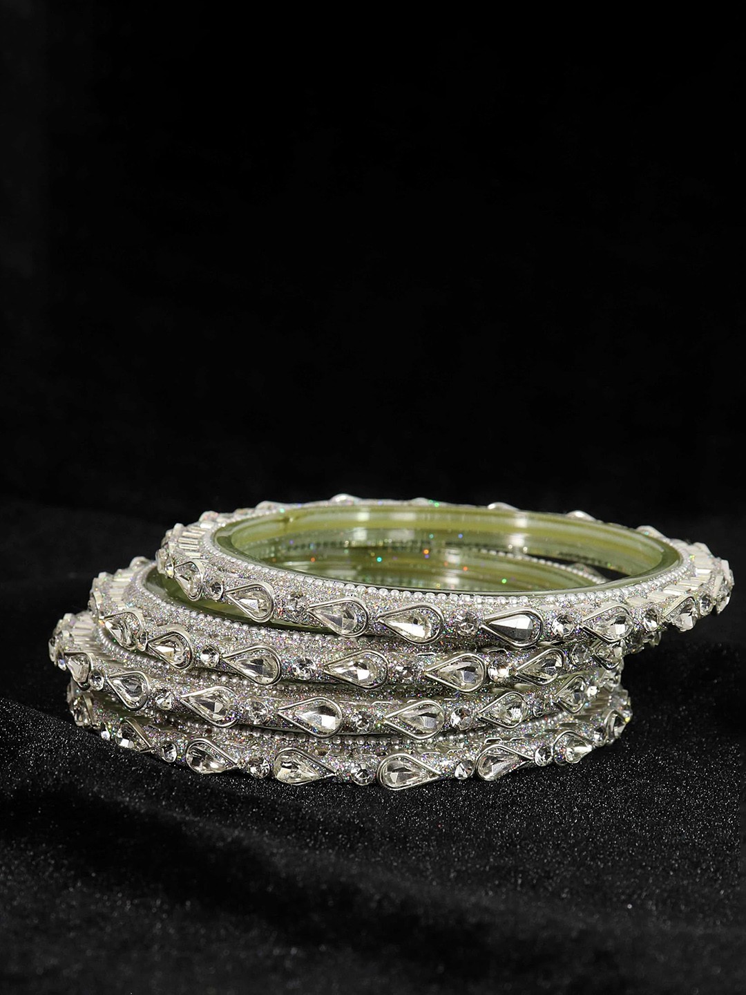 

ZULKA Set of 4 Glass Zircon Stones & Beads Studded Bangles, Silver