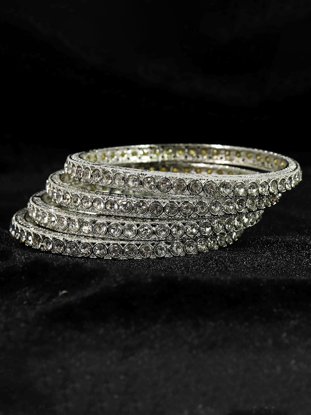 

ZULKA Set of 4 Traditional Golden Metal Bangles Kada with Zircon Stone, Grey