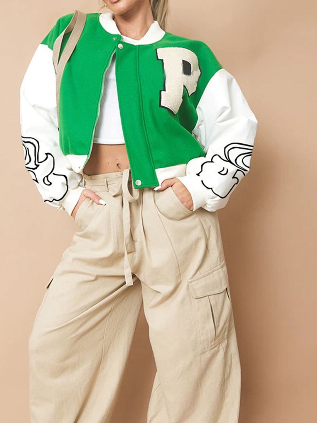 

LULU & SKY Women Colourblocked Crop Bomber with Patchwork Jacket, Green