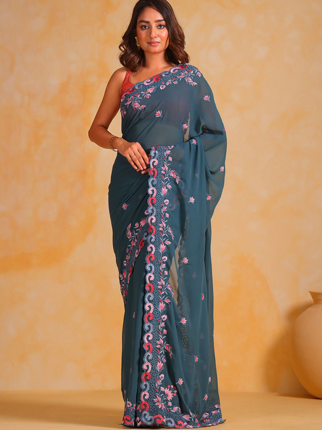 

Anouk Floral Embroidered Pure Georgette Saree, Blue