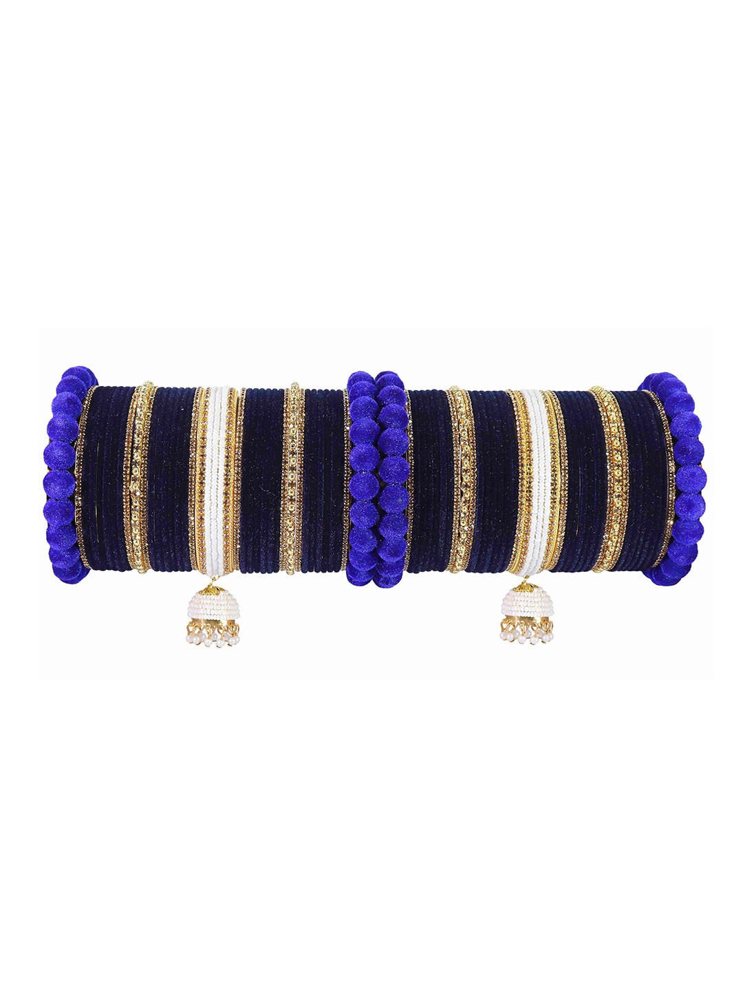 

ZULKA Set of 70 Traditional Metal Chuda with Pearls Bangles, Blue