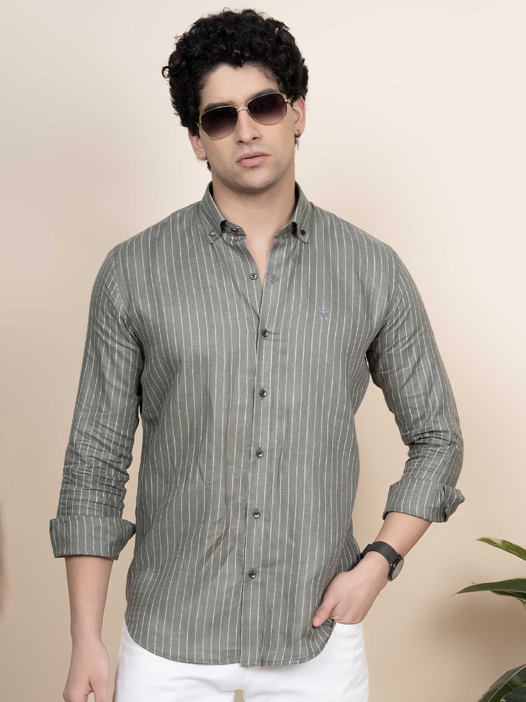 

ALMATY Men Comfort Button-Down Collar Vertical Striped Linen Casual Shirt, Green