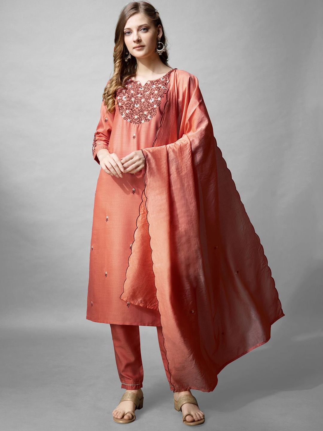 

BERISTON Floral Embroidered Regular Straight Kurta with Trousers & Dupatta, Coral