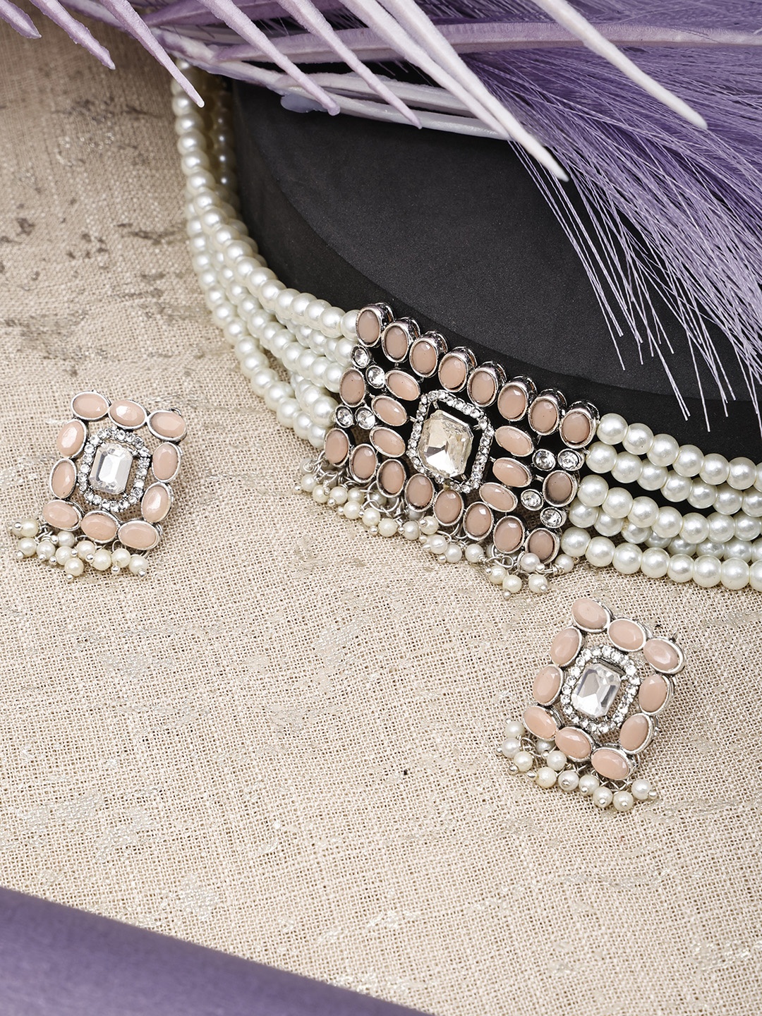 

SUNHARI Women Stone-Studded & Beaded Jewellery Set, Silver