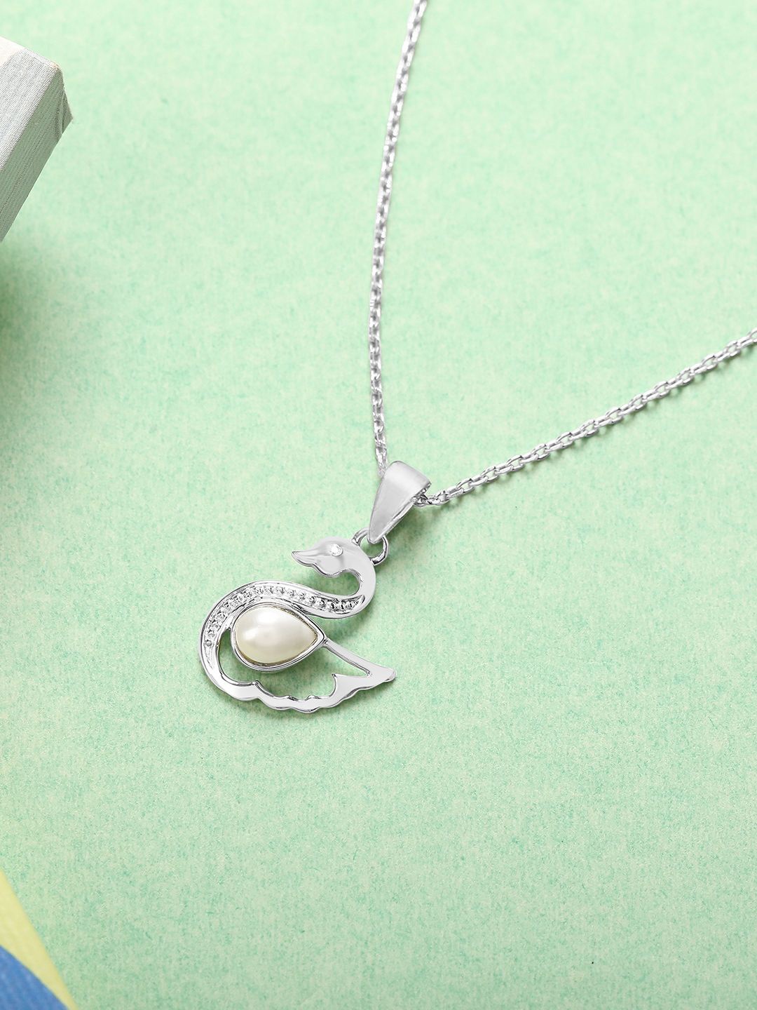 

Mia by Tanishq Pearl Swan 925 Sterling Silver-Plated Beaded Pendant & Chain