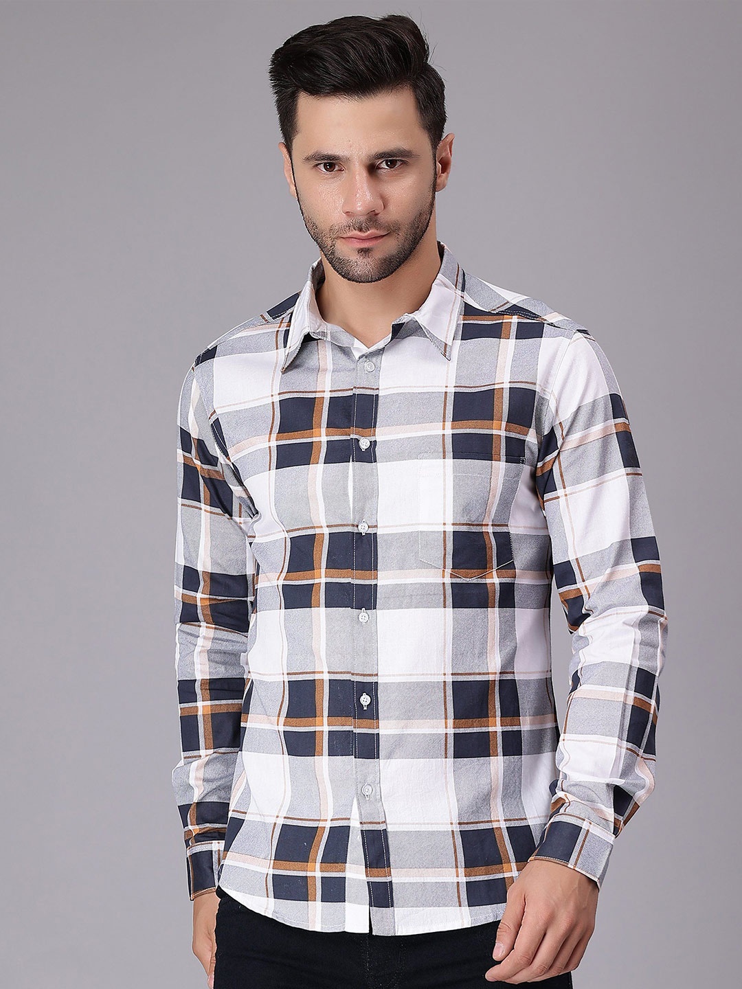 

HERE&NOW Men India Slim Spread Collar Tartan Checked Cotton Casual Shirt, White
