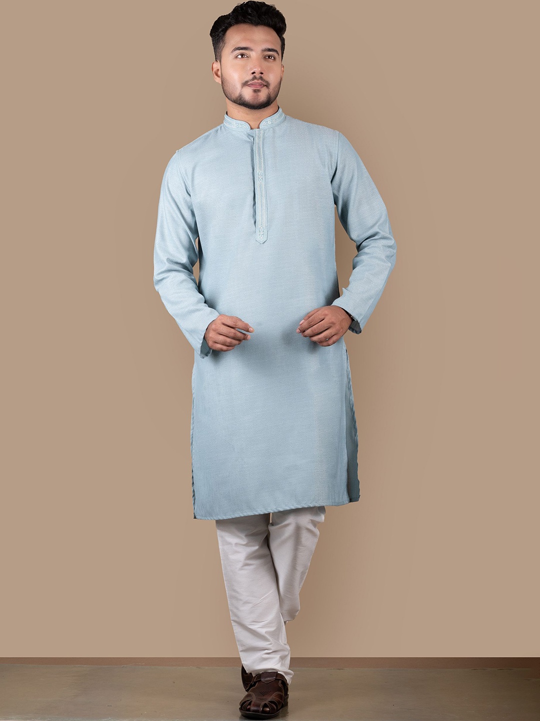 

HERE&NOW Sea Green Geometric Woven Design Mandarin Collar Cotton Straight Kurta