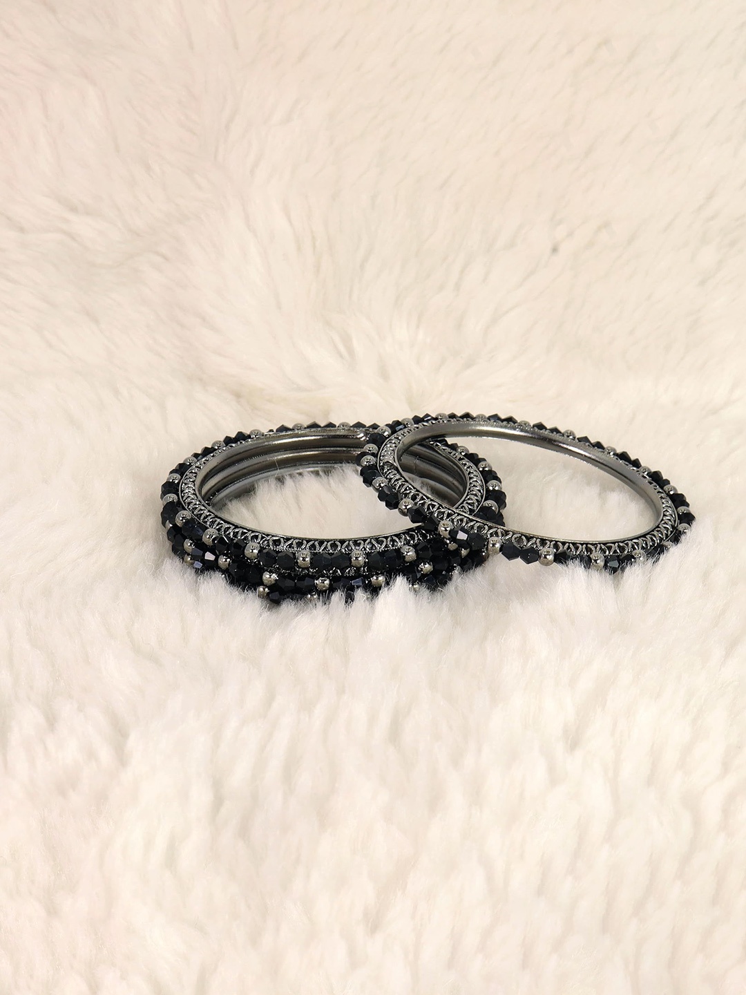 

ZULKA Set of 4 Metal Pearl and Beads Kada Bangles, Black