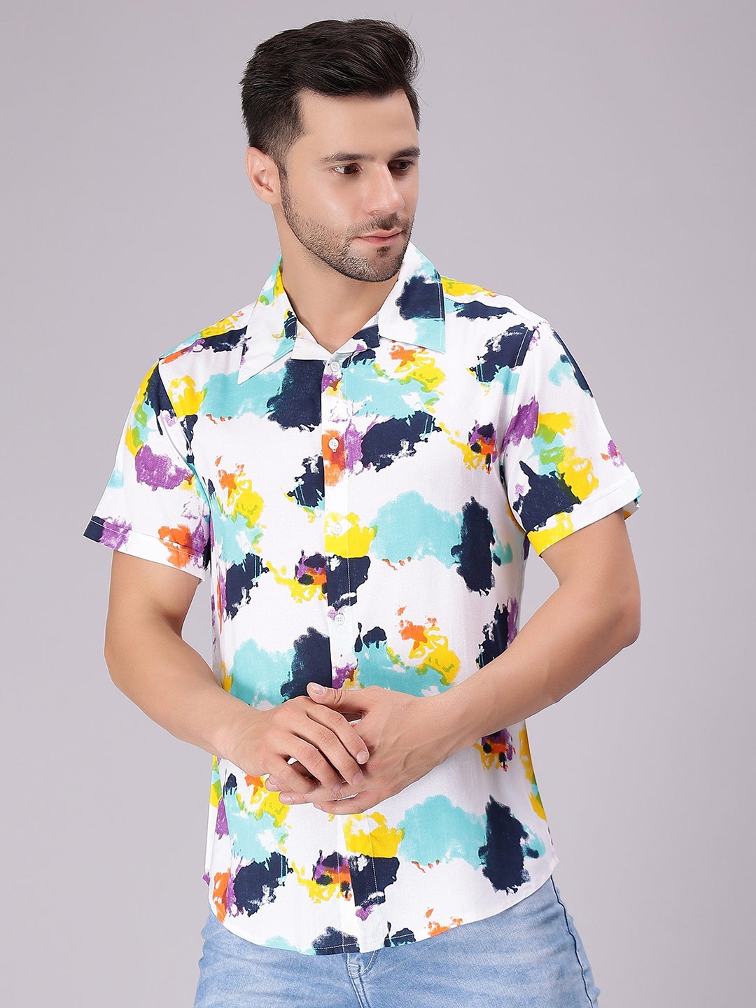 

HERE&NOW Men Comfort Spread Collar Abstract Printed Cotton Casual Shirt, White