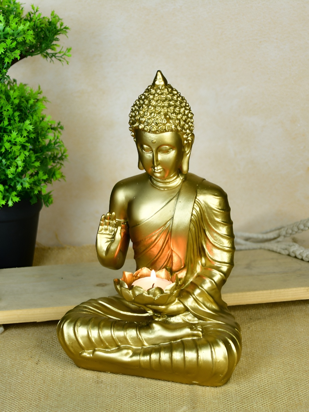 

SOWPEACE Gold-Toned Buddha With Lotus Figurine Showpiece
